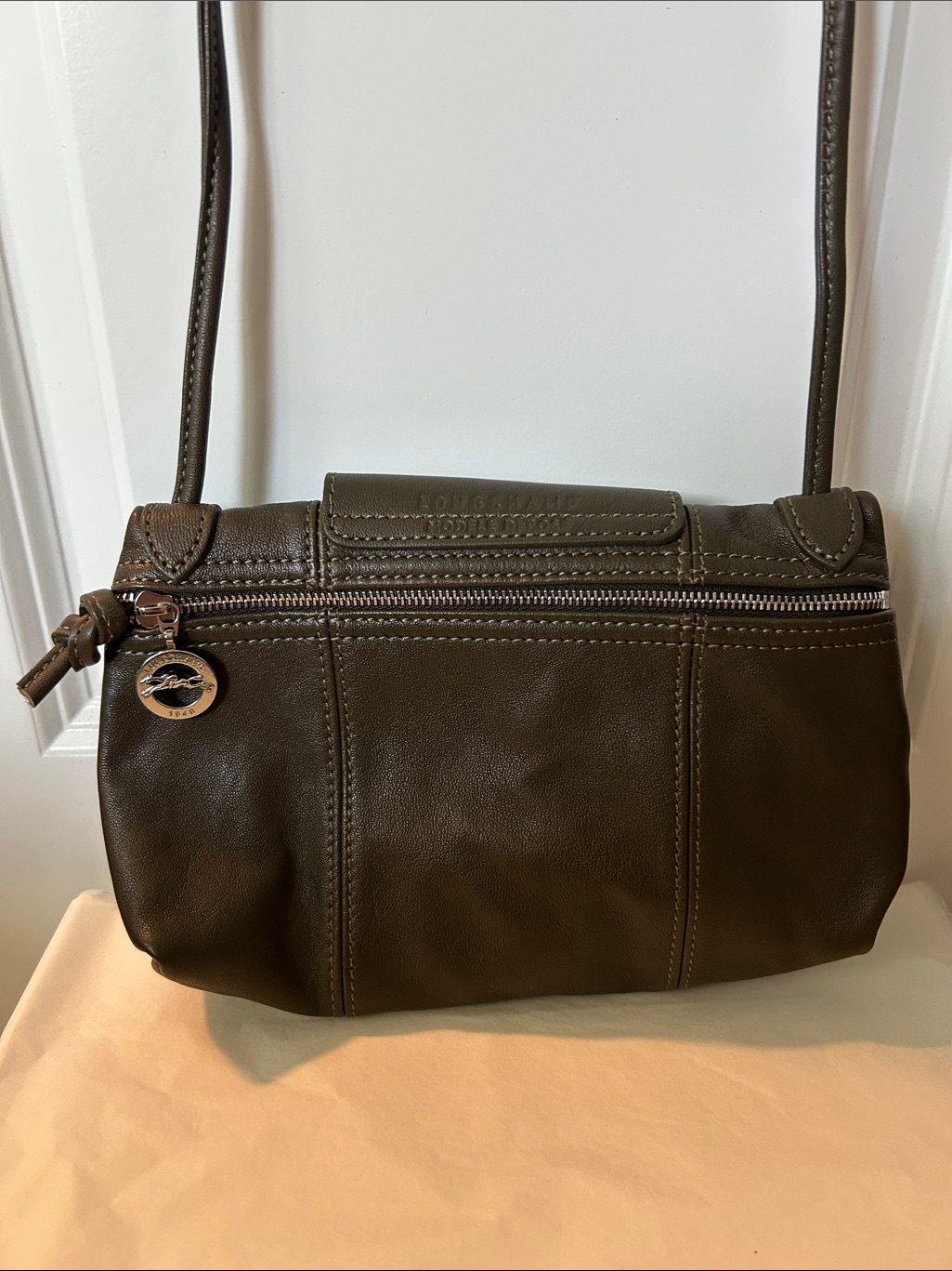 Longchamp Olive/ Brown Green Leather Crossbody With Zip Accent